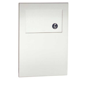 Wall-mounted panel with central rectangular section and circular symbol; minimalistic design.