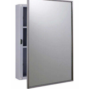 Wall-mounted medicine cabinet with mirrored door and visible interior shelves.