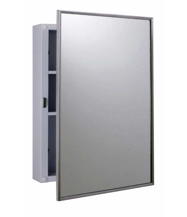 Wall-mounted medicine cabinet with mirrored door and visible interior shelves.