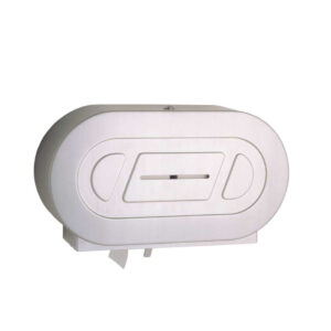 Wall-mounted oval toilet paper dispenser with central slot and side buttons.