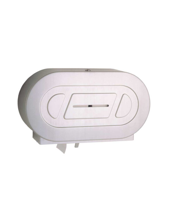 Wall-mounted oval toilet paper dispenser with central slot and side buttons.