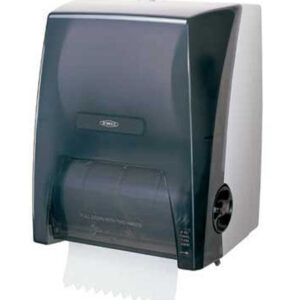 Wall-mounted paper towel dispenser with transparent cover, partially dispensed towels visible.