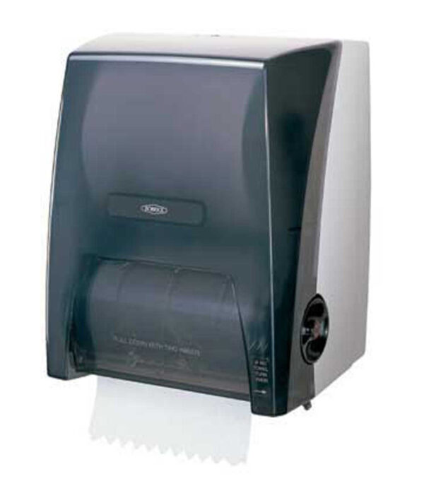 Wall-mounted paper towel dispenser with transparent cover, partially dispensed towels visible.