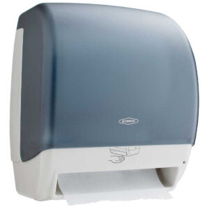 Wall-mounted paper towel dispenser with blue cover and white base for easy towel access.