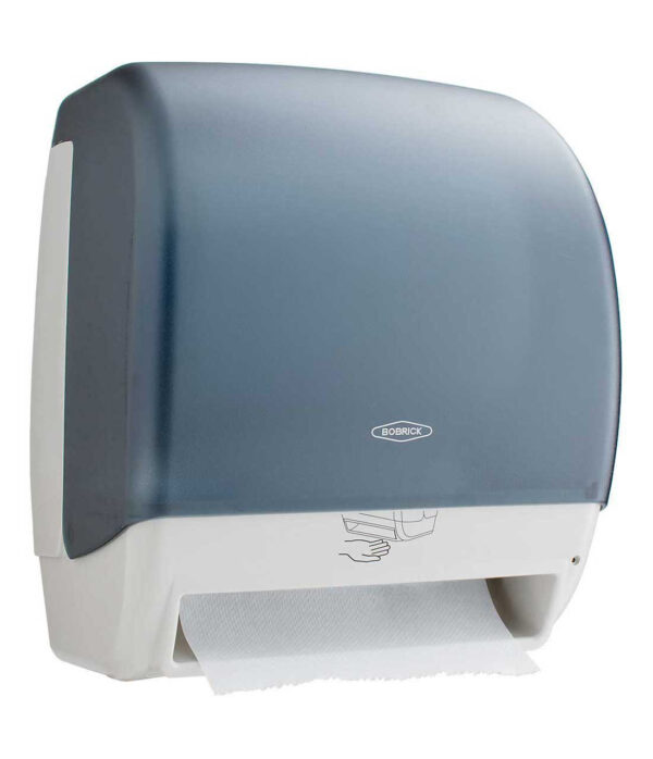 Wall-mounted paper towel dispenser with blue cover and white base for easy towel access.