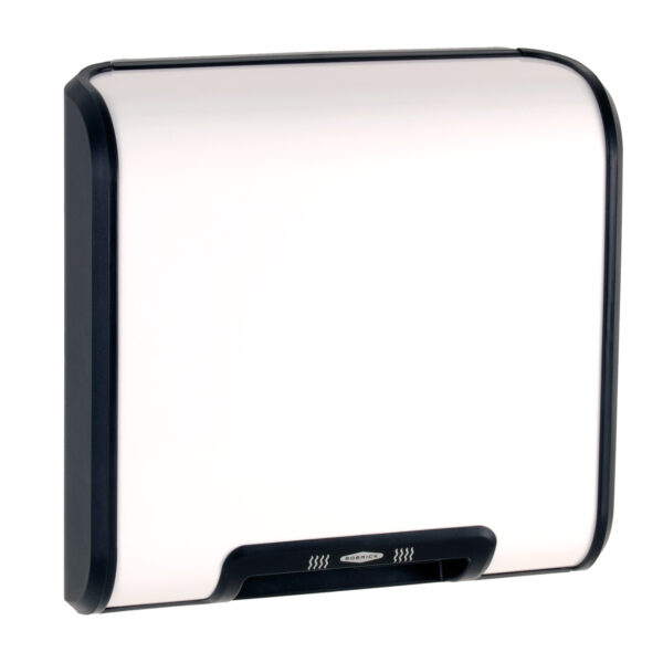 Wall-mounted paper towel dispenser with white panel and black edges.