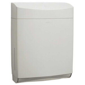 Wall-mounted paper towel dispenser, rectangular with smooth white surface.