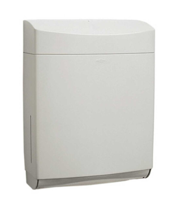 Wall-mounted paper towel dispenser, rectangular with smooth white surface.