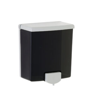 Wall-mounted rectangular soap dispenser, dark body, light top and lever.