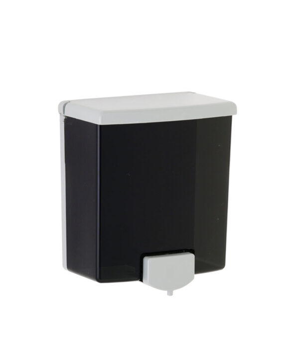 Wall-mounted rectangular soap dispenser, dark body, light top and lever.