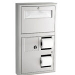 Wall-mounted dispenser with paper towel slot and two toilet paper holders for public restrooms.