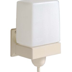 Wall-mounted soap dispenser with white container, beige base, and nozzle at bottom.