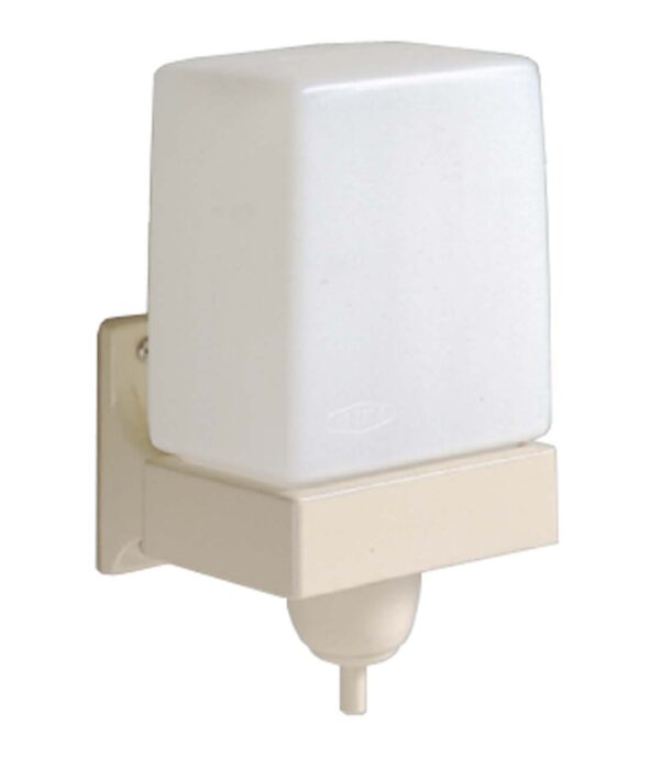 Wall-mounted soap dispenser with white container, beige base, and nozzle at bottom.