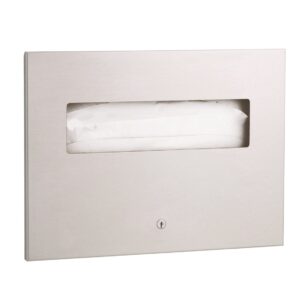 Wall-mounted stainless steel paper towel dispenser with lock and viewing window.