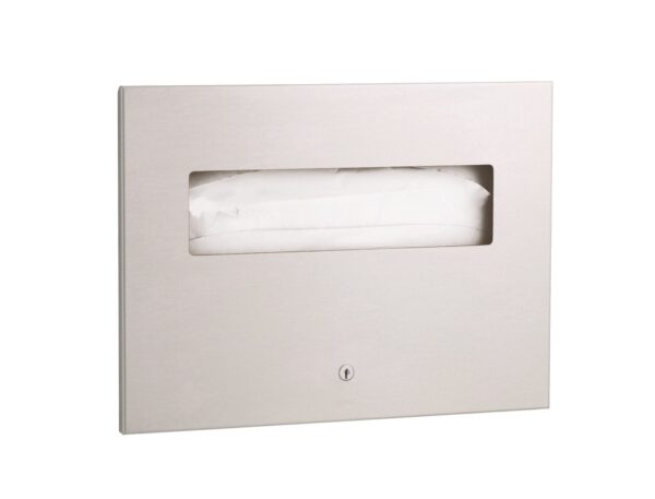 Wall-mounted stainless steel paper towel dispenser with lock and viewing window.