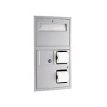 Wall-mounted steel dispenser with tissues, two toilet rolls, and a lockable compartment.