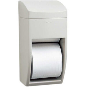 Wall-mounted toilet paper dispenser with a white roll, compact and light-colored design.