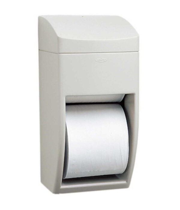 Wall-mounted toilet paper dispenser with a white roll, compact and light-colored design.