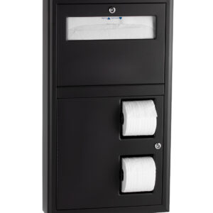 Wall-mounted black dispenser with paper toilet seat covers and two toilet paper rolls.