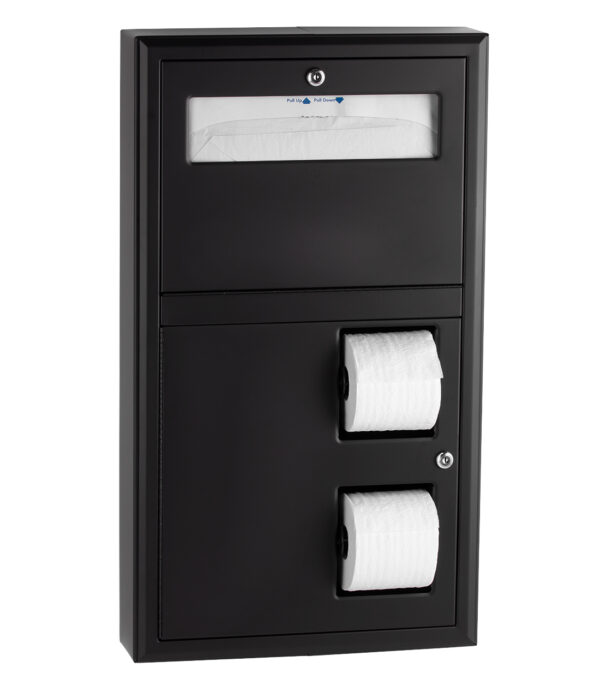 Wall-mounted black dispenser with paper toilet seat covers and two toilet paper rolls.