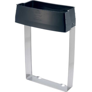 Wall-mounted trash bag holder with black frame and silver metal base for dispensing waste bags.