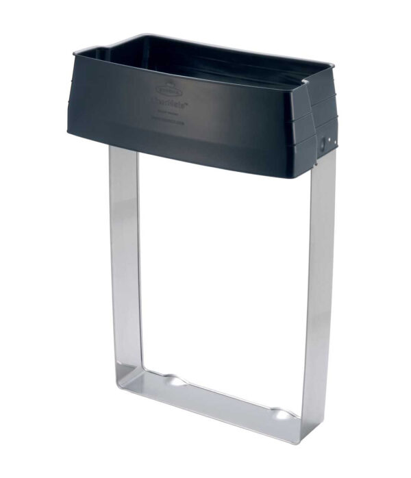 Wall-mounted trash bag holder with black frame and silver metal base for dispensing waste bags.