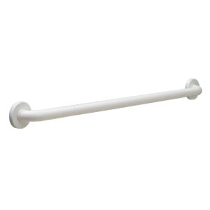 Wall-mounted white grab bar for bathroom support, cylindrical with round mounting plates.