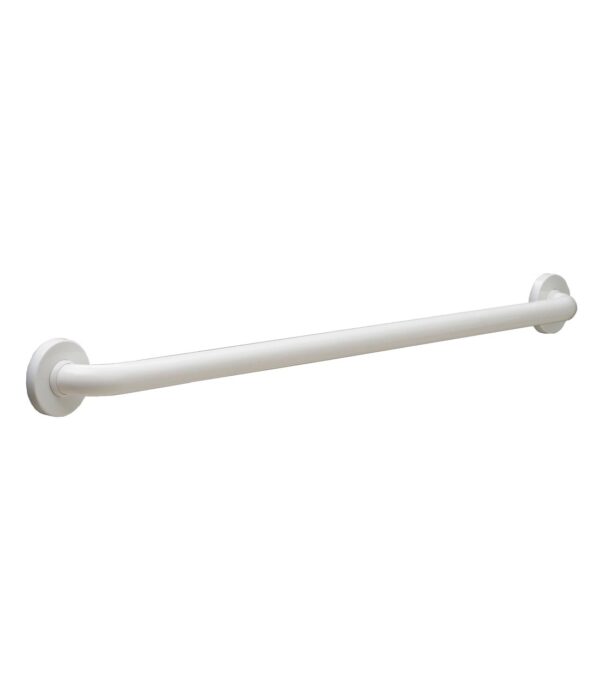 Wall-mounted white grab bar for bathroom support, cylindrical with round mounting plates.