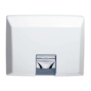 Wall-mounted white hand dryer with a metallic nozzle for public restrooms.