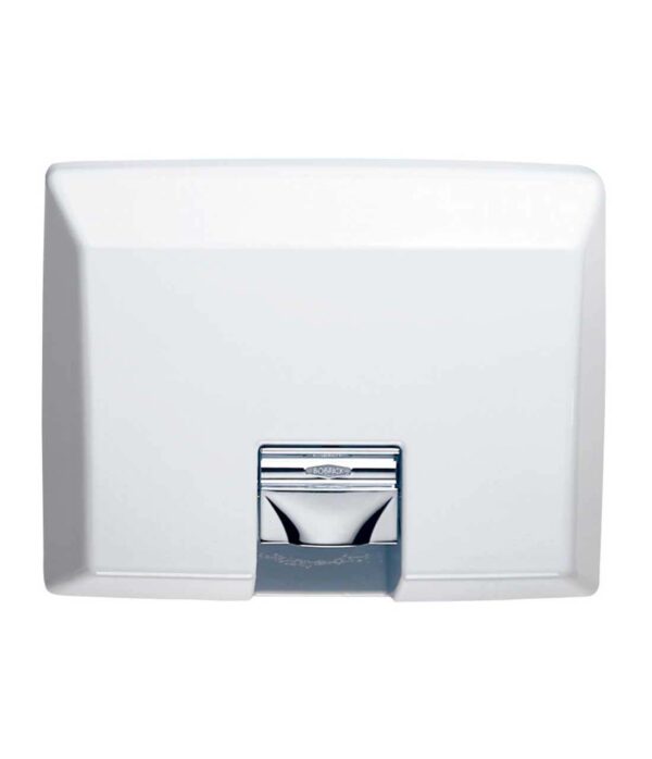 Wall-mounted white hand dryer with a metallic nozzle for public restrooms.