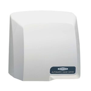 White automatic hand dryer with Bobrick brand label.