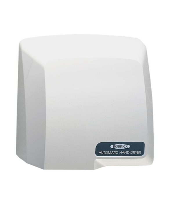 White automatic hand dryer with Bobrick brand label.