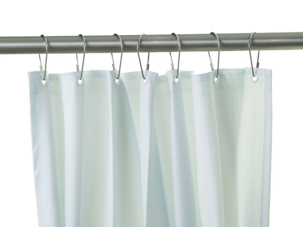 White shower curtain on metal rod with circular hooks and reinforced eyelets.