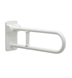 White wall-mounted handrail with looped bar and mounting plate for safety.