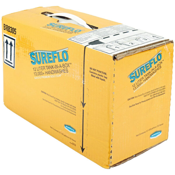 Yellow box labeled "SUREFLO" with 12 liters of soap for 13,000+ washes, handle included.