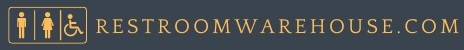 Dark background with gold text and restroom icons; reads RESTROOMWAREHOUSE.COM.