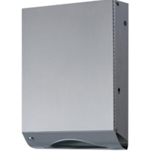 Metallic wall-mounted paper towel dispenser with bottom slot for towel retrieval.