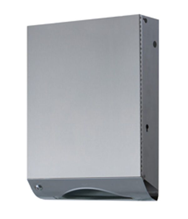 Metallic wall-mounted paper towel dispenser with bottom slot for towel retrieval.