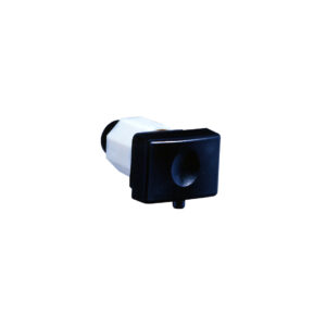 Black push-button switch with white base for electrical applications.