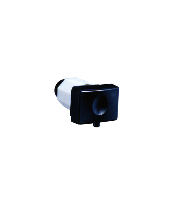 Black push-button switch with white base for electrical applications.