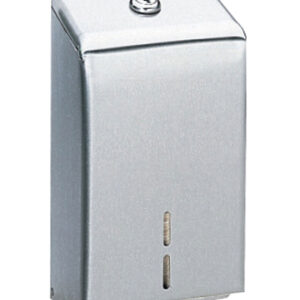 Stainless steel wall-mounted paper towel dispenser with lock and viewing slot.