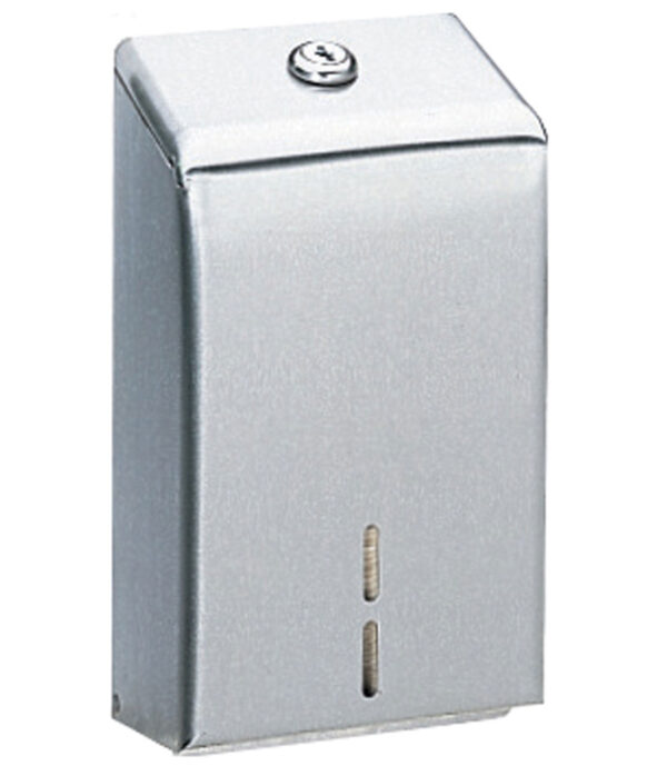 Stainless steel wall-mounted paper towel dispenser with lock and viewing slot.