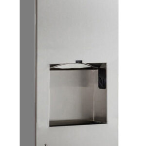 Stainless steel wall-mounted bathroom fixture with a central waste receptacle.