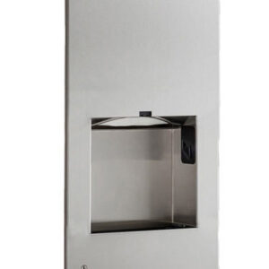 Tall rectangular metal panel with built-in recessed hand dryer and air nozzle at the bottom.