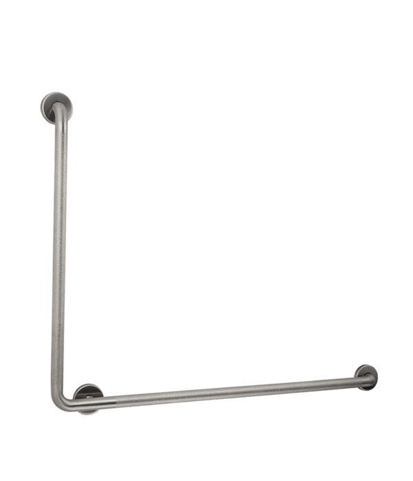 Stainless steel L-shaped grab bar for wall, brushed finish, for support and stability.