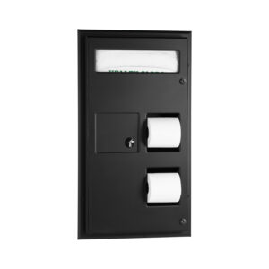 Black wall-mounted dispenser with toilet rolls, folded towels, and lockable compartment.