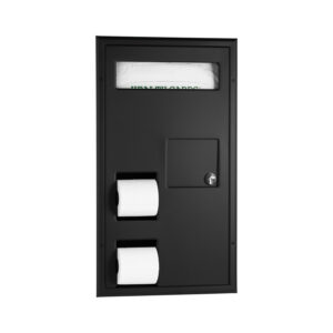 Black restroom dispenser with toilet paper rolls, lockable compartment, and folded paper section.