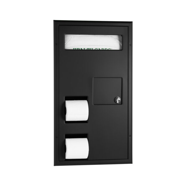 Black restroom dispenser with toilet paper rolls, lockable compartment, and folded paper section.