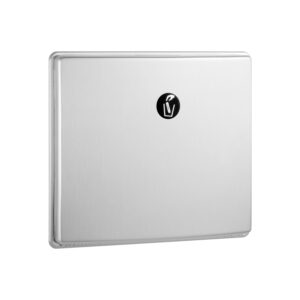 Wall-mounted stainless steel cover with black icon of hand holding paper in the center.