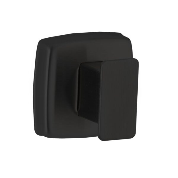 Black wall-mounted hook with square base and rectangular arm.